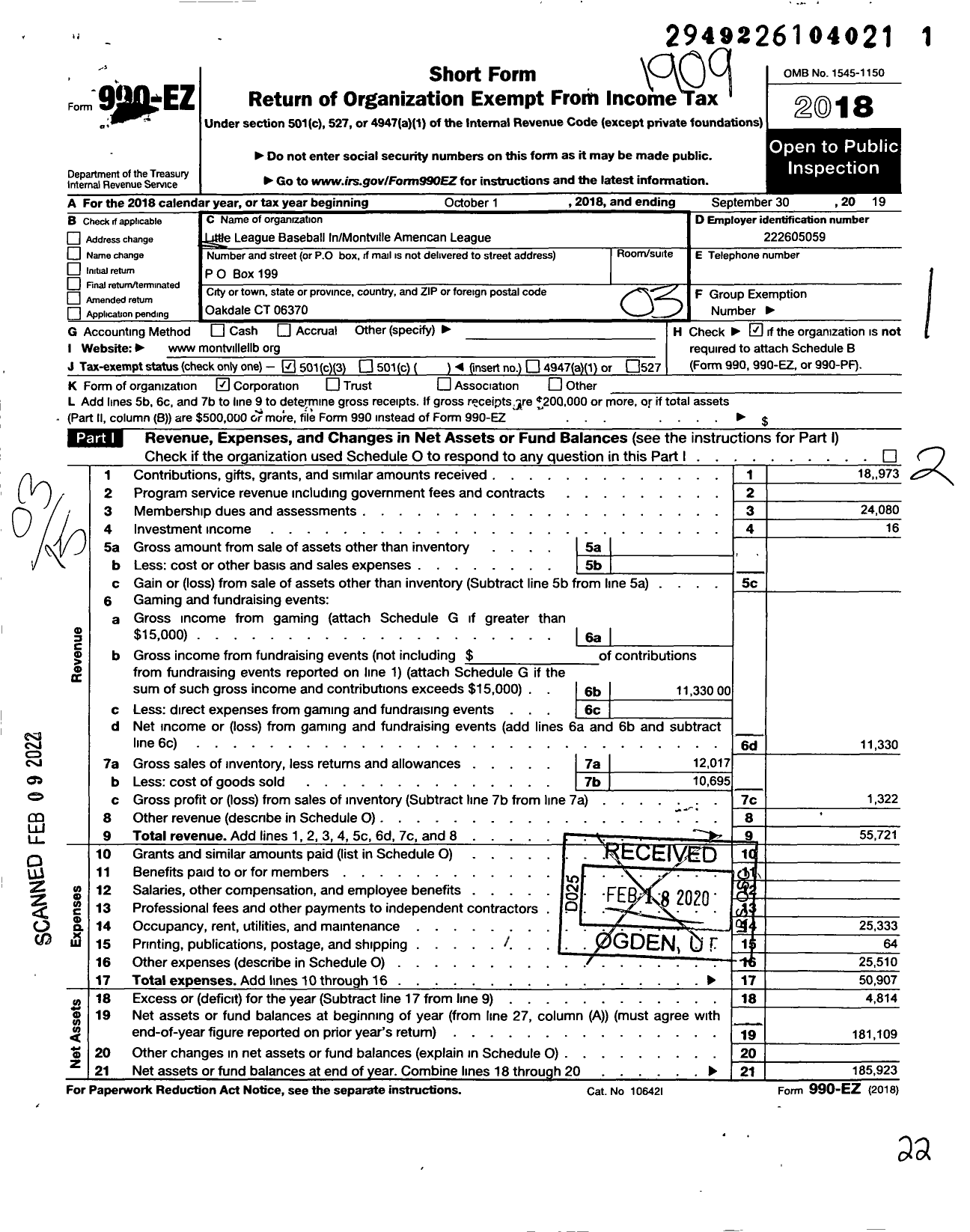 Image of first page of 2018 Form 990EZ for Little League Baseball - 2071005 Montville LL