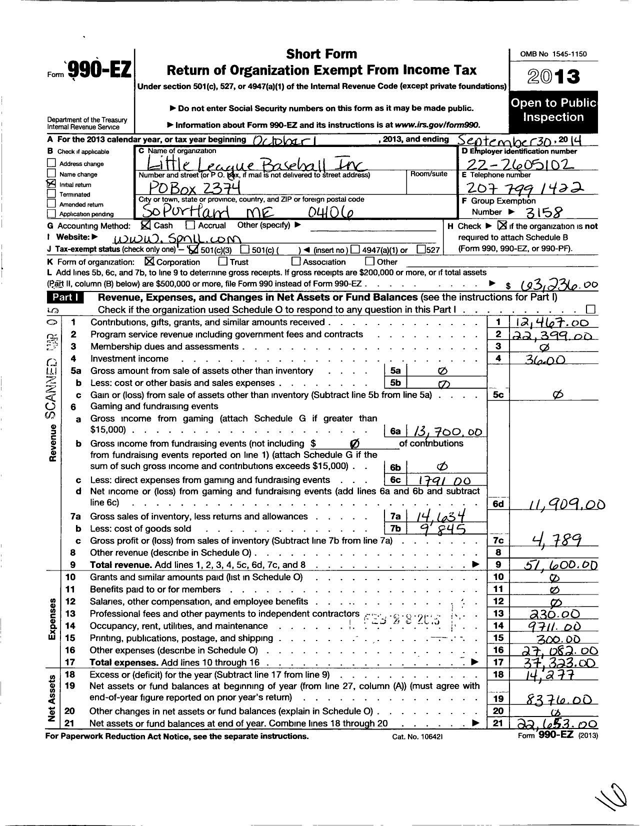 Image of first page of 2013 Form 990EZ for LITTLE LEAGUE BASEBALL - 2190607 South Portland National LL