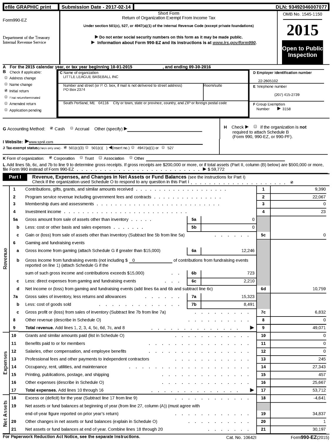 Image of first page of 2015 Form 990EZ for LITTLE LEAGUE BASEBALL - 2190607 South Portland National LL