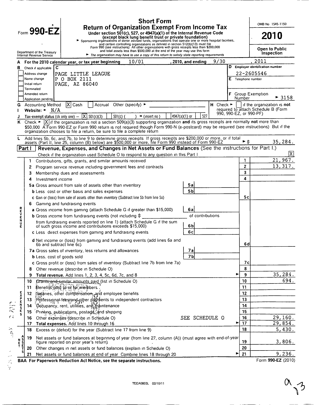 Image of first page of 2010 Form 990EZ for Little League Baseball - 4030118 Page LL