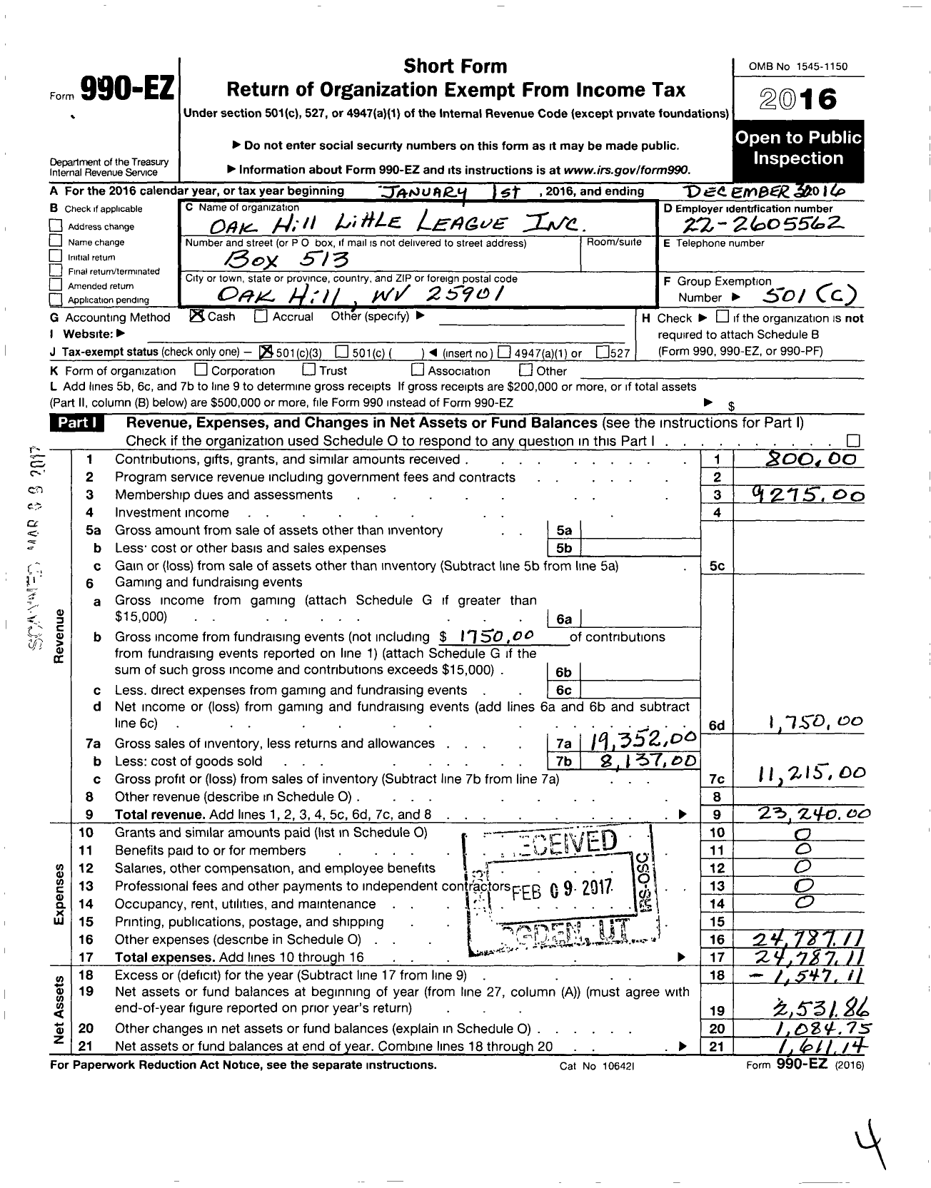 Image of first page of 2016 Form 990EZ for Little League Baseball - 3480410 Oak Hill LL