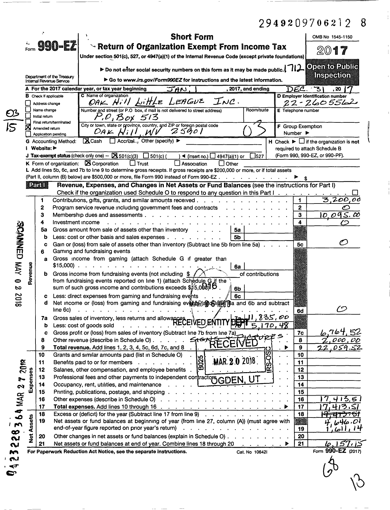 Image of first page of 2017 Form 990EZ for Little League Baseball - 3480410 Oak Hill LL