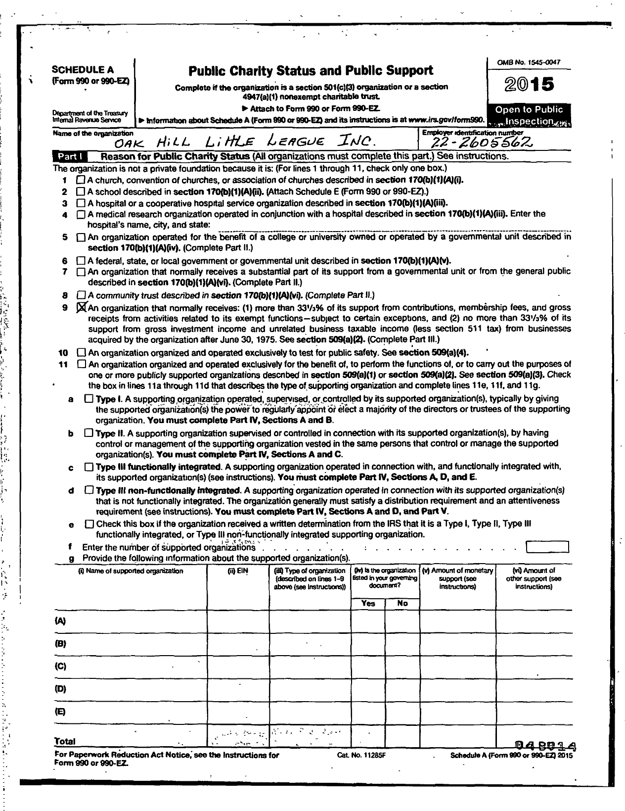 Image of first page of 2014 Form 990ER for Little League Baseball - 3480410 Oak Hill LL