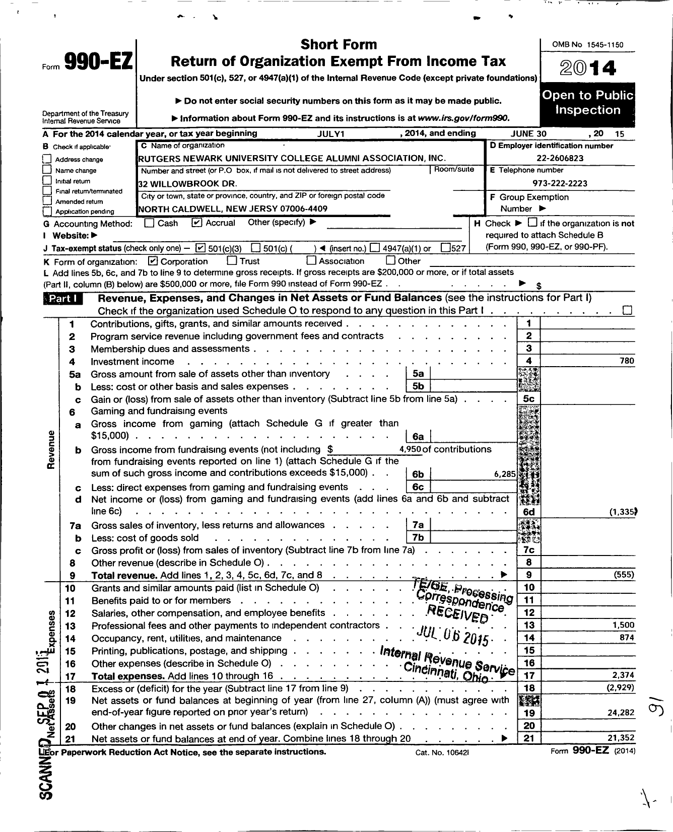 Image of first page of 2014 Form 990EZ for Rutgers Newark University College Alumni Association