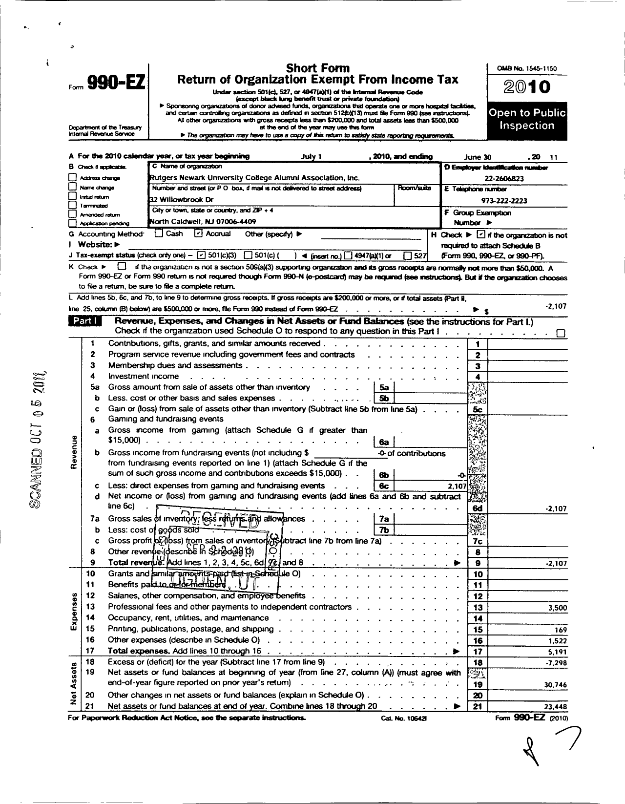 Image of first page of 2010 Form 990EZ for Rutgers Newark University College Alumni Association