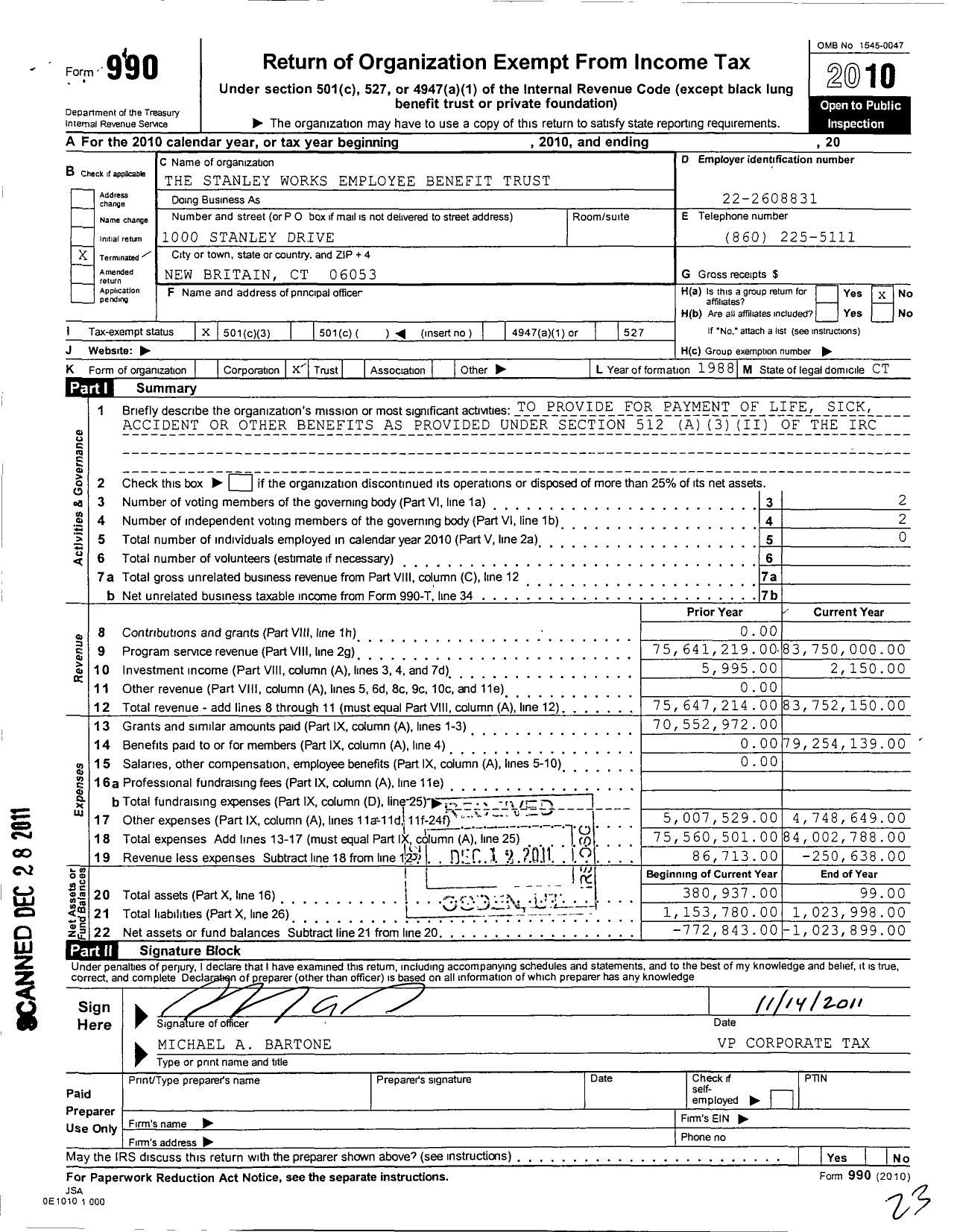 Image of first page of 2010 Form 990 for The Stanley Works Employee Benefit Trust