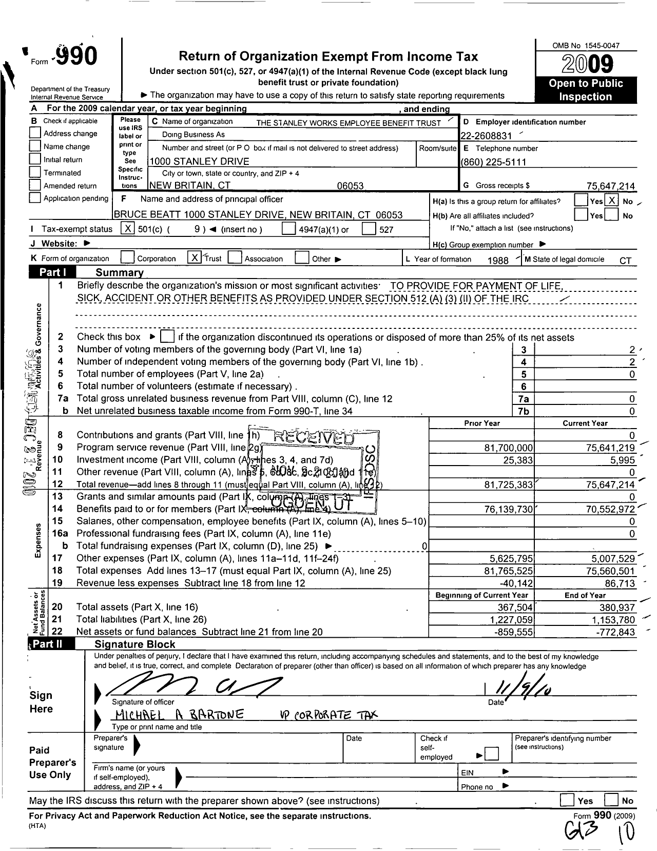 Image of first page of 2009 Form 990O for The Stanley Works Employee Benefit Trust