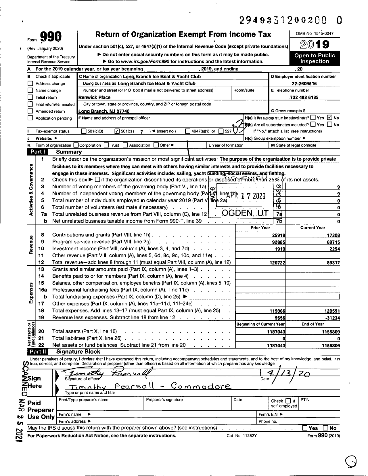 Image of first page of 2019 Form 990 for Long Branch Ice Boat and Yacht Club