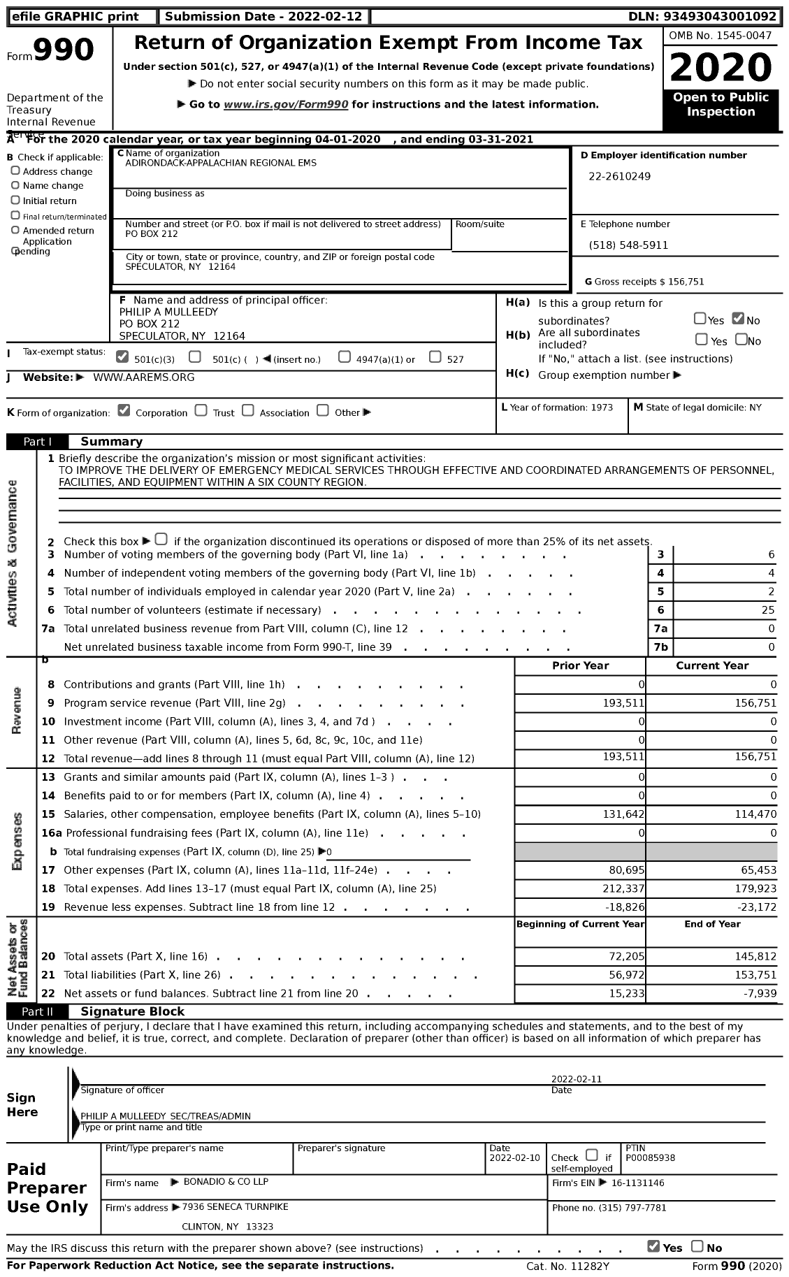 Image of first page of 2020 Form 990 for Adirondack-Appalachian Regional Ems