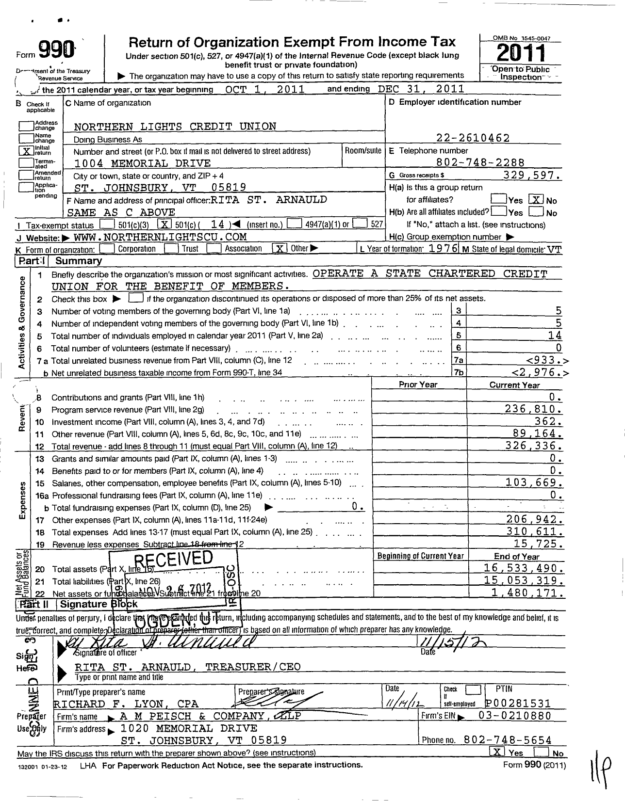 Image of first page of 2011 Form 990O for Northern Lights Credit Union