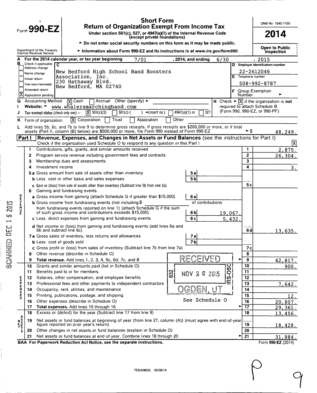 Image of first page of 2014 Form 990EZ for New Bedford High School Band Boosters Association