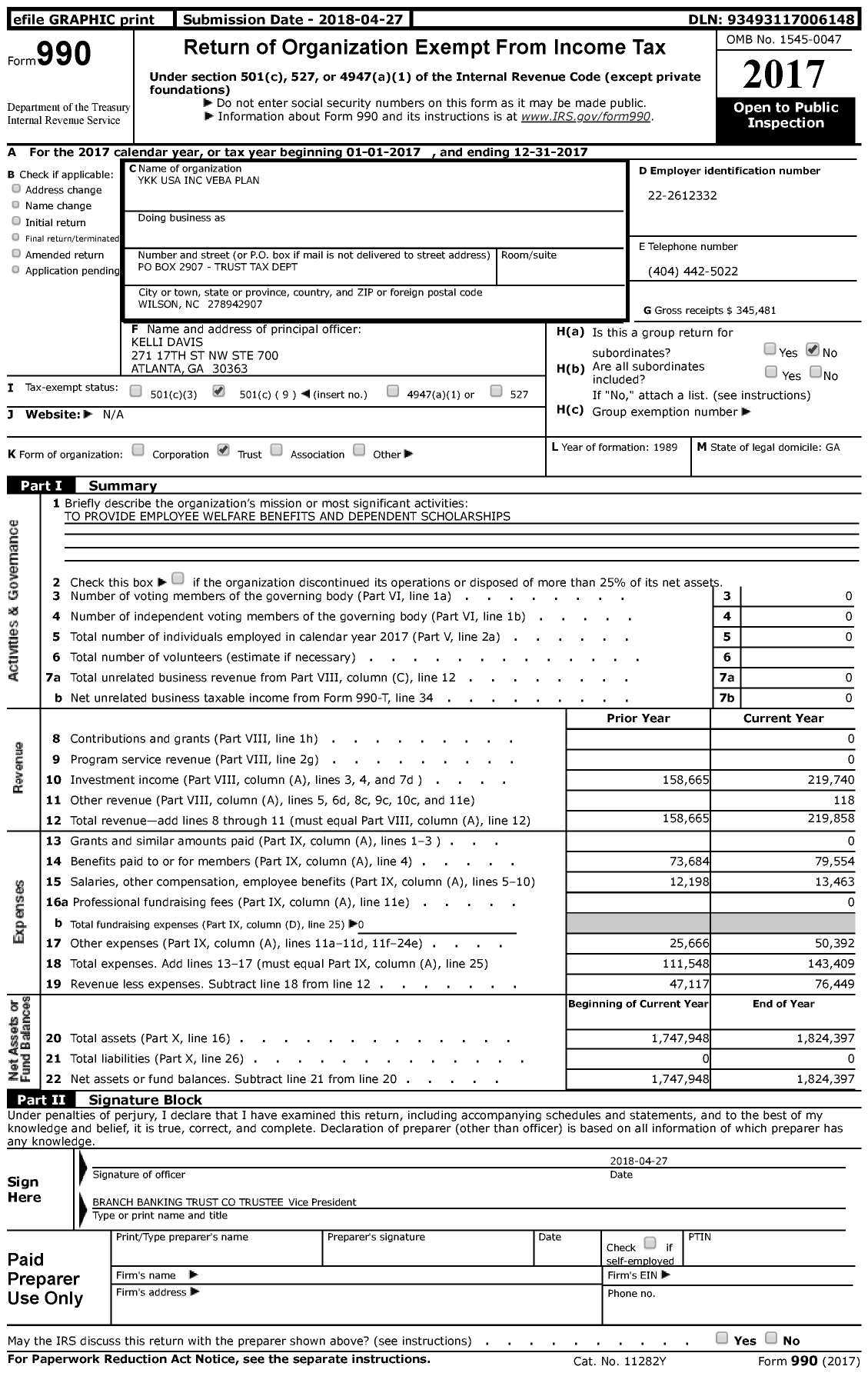 Image of first page of 2017 Form 990 for Ykk USA Veba Plan