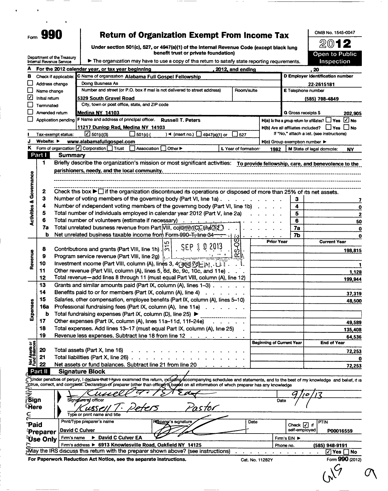 Image of first page of 2012 Form 990 for Alabama Full Gospel Fellowship of Alabama State of New York