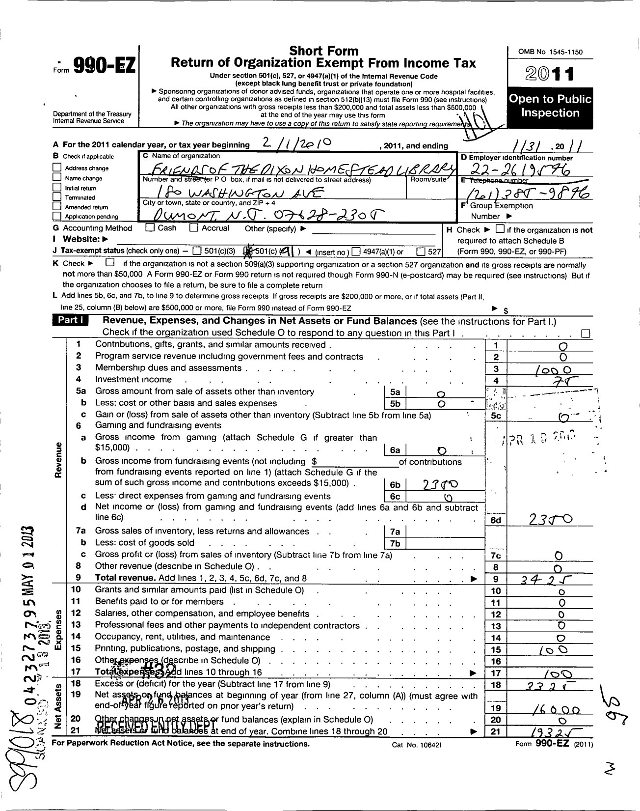 Image of first page of 2010 Form 990EO for Friends of the Dixon Homestead Library of Dumont NJ