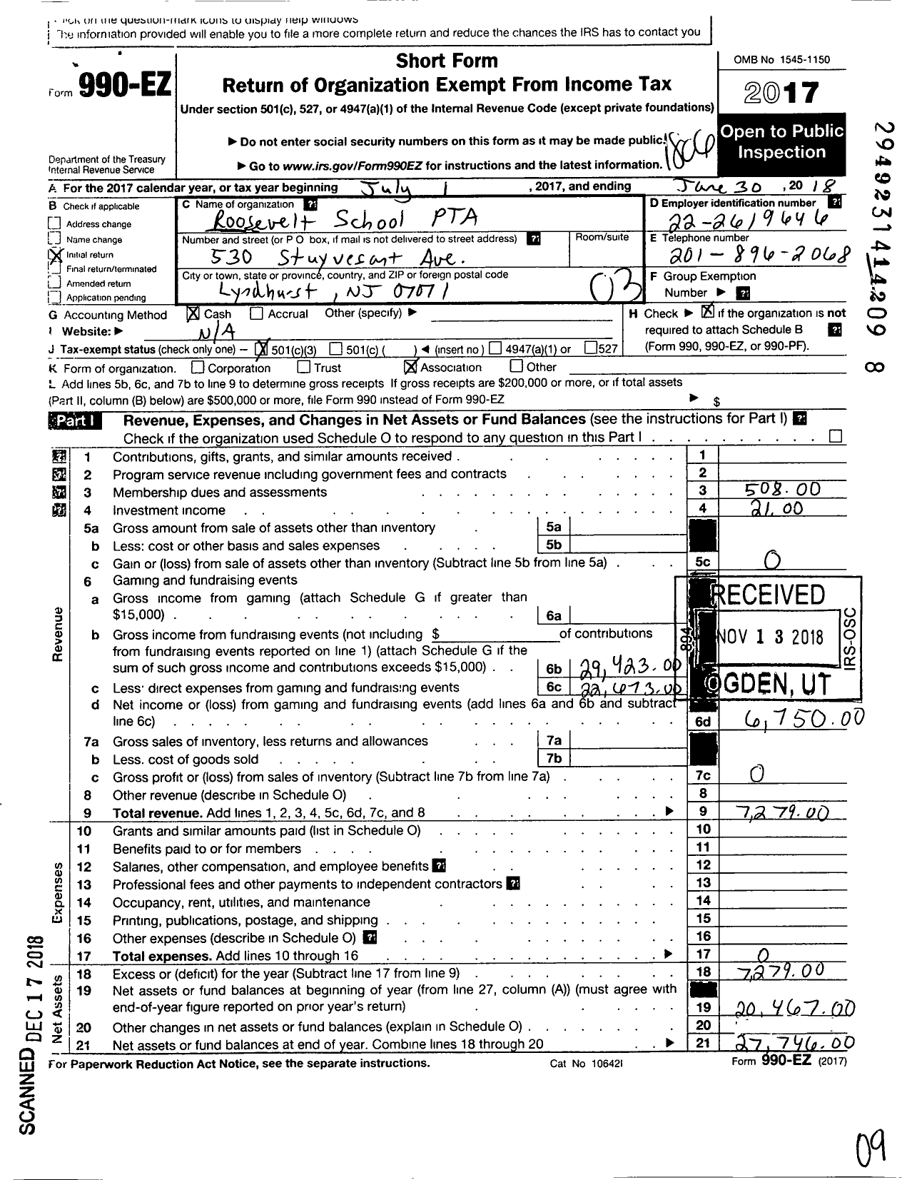 Image of first page of 2017 Form 990EZ for New Jersey PTA - 18611 Roosevelt SCH PTA