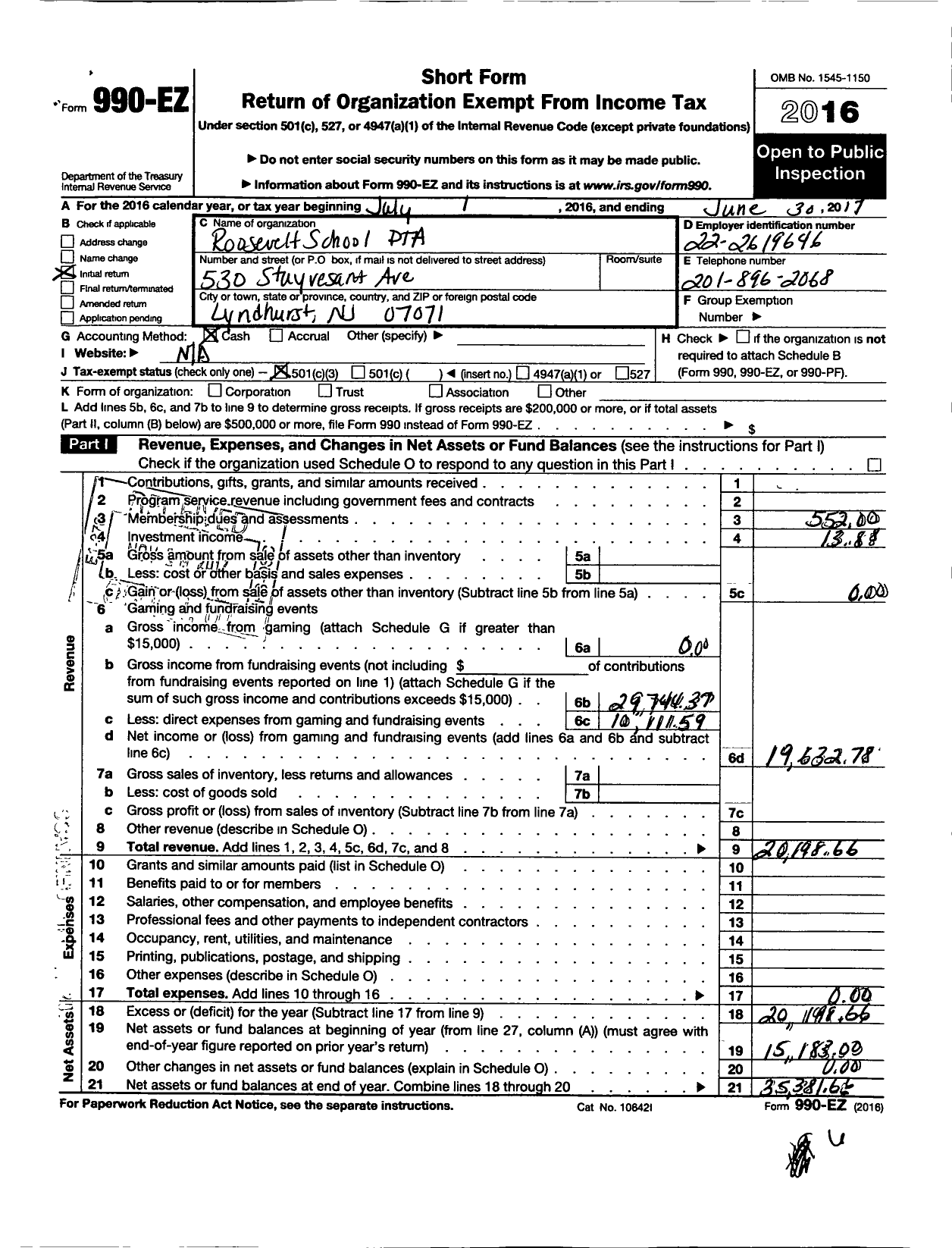 Image of first page of 2016 Form 990EZ for New Jersey PTA - 18611 Roosevelt SCH PTA