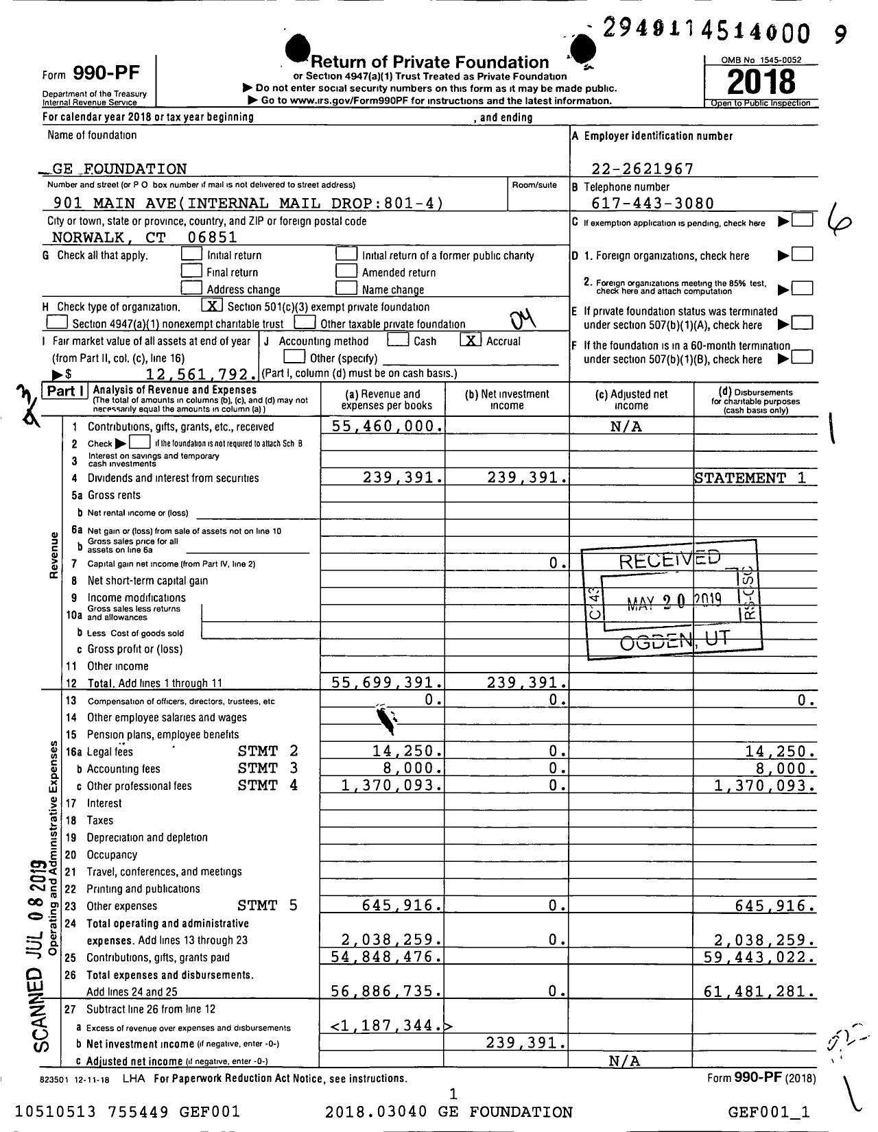 Image of first page of 2018 Form 990PF for Ge Foundation