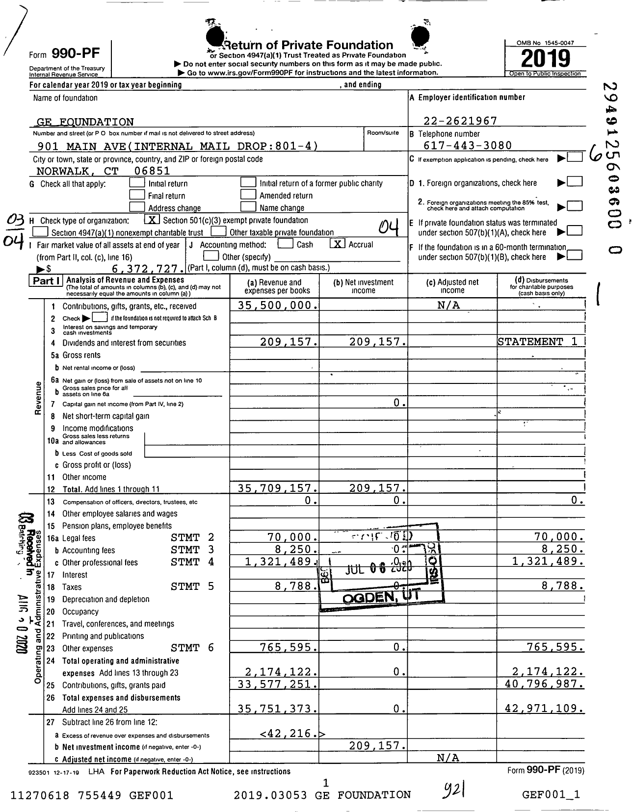 Image of first page of 2019 Form 990PR for Ge Foundation