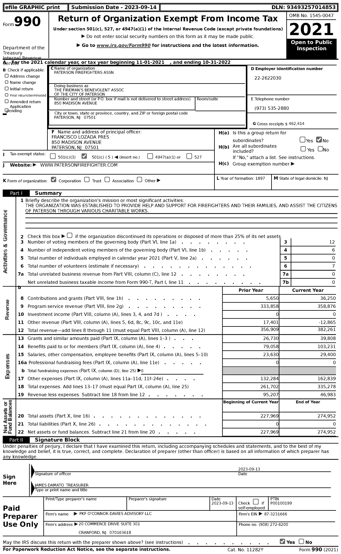 Image of first page of 2021 Form 990 for New Jersey State Firemens Mutual Benevolent Association - 2 Local Paterson