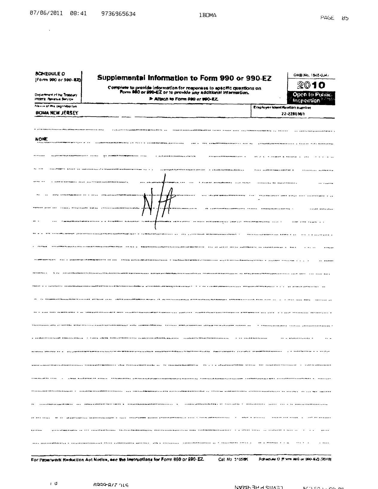 Image of first page of 2010 Form 990OR for Building Owners and Managers Association of New Jersey