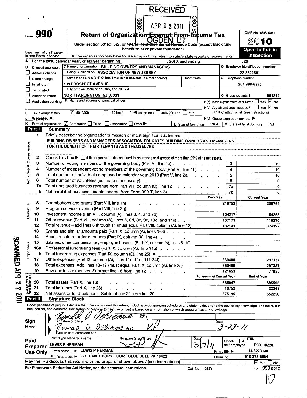 Image of first page of 2010 Form 990 for Building Owners and Managers Association of New Jersey