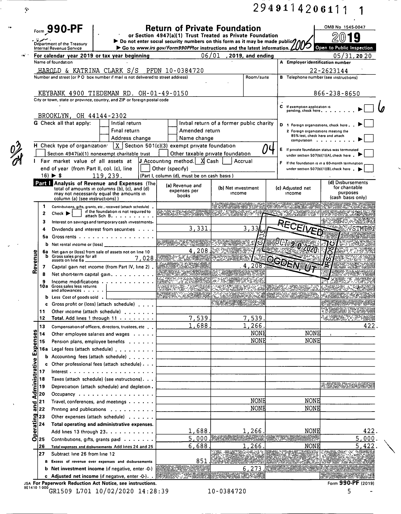 Image of first page of 2019 Form 990PF for Harold and Katrina Clark SS PFDN