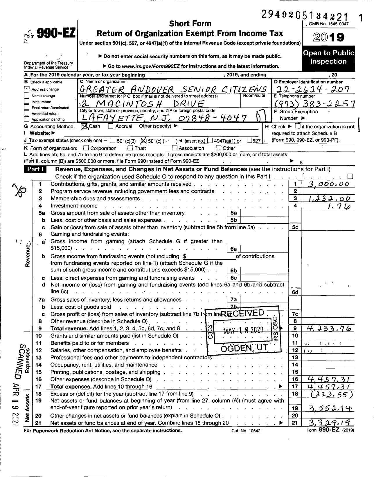 Image of first page of 2019 Form 990EO for Greater Andover Senior Citizens