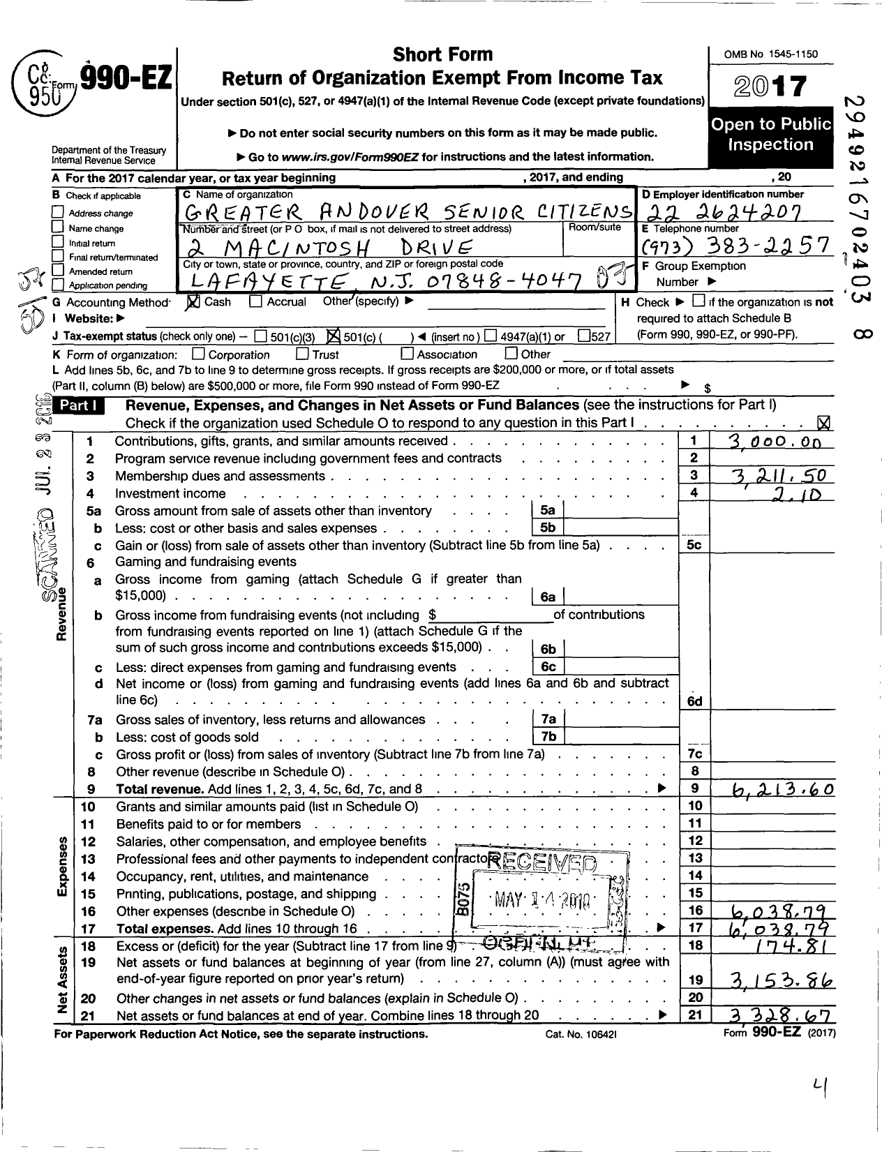 Image of first page of 2017 Form 990EO for Greater Andover Senior Citizens