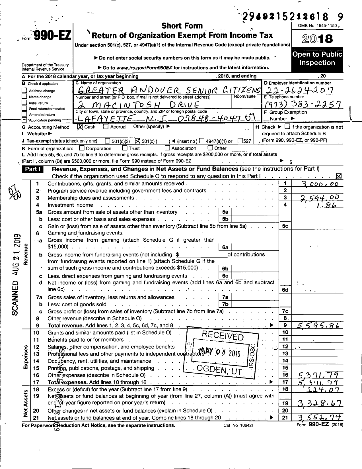 Image of first page of 2018 Form 990EO for Greater Andover Senior Citizens