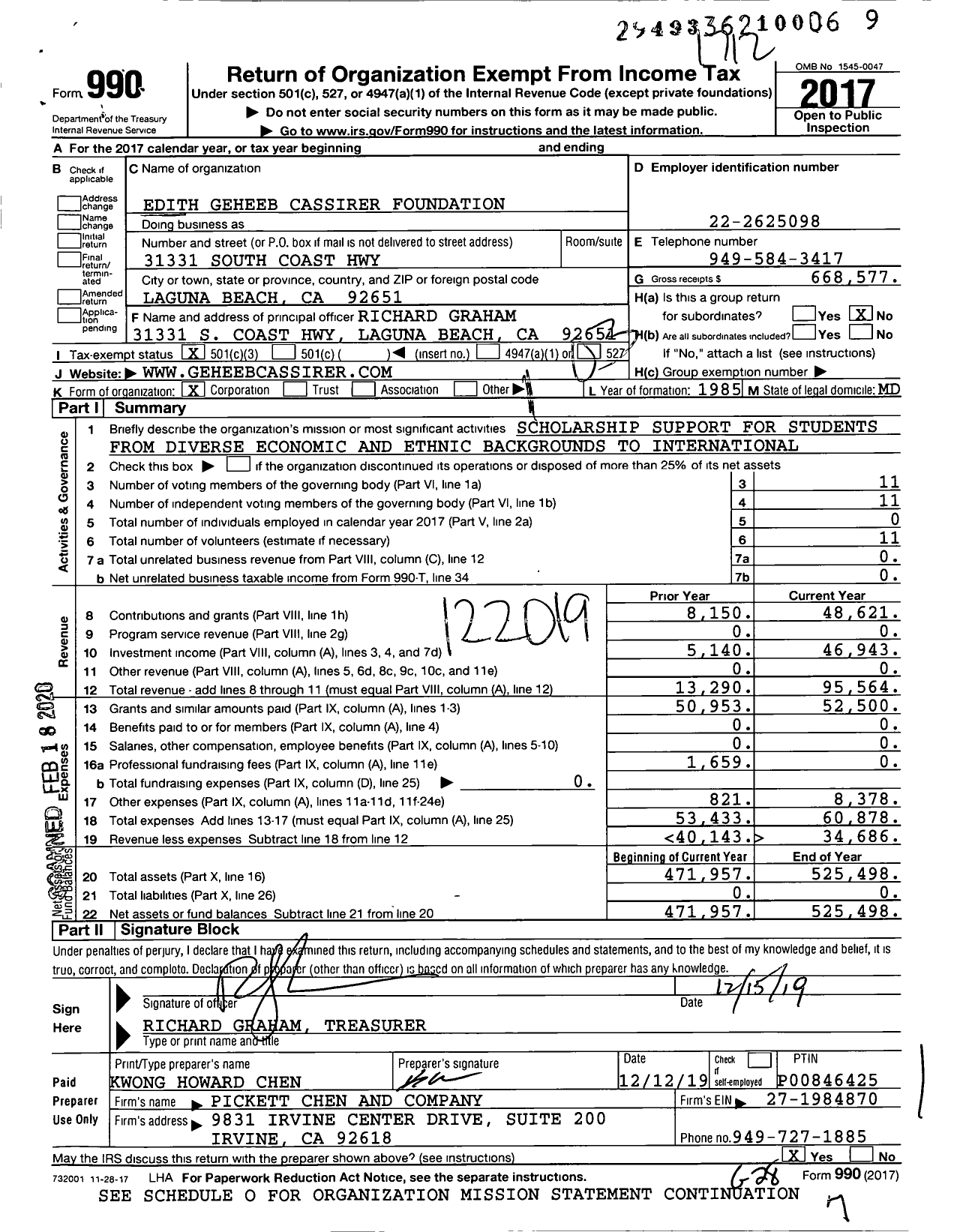 Image of first page of 2017 Form 990 for Edith Geheeb Cassirer Foundation