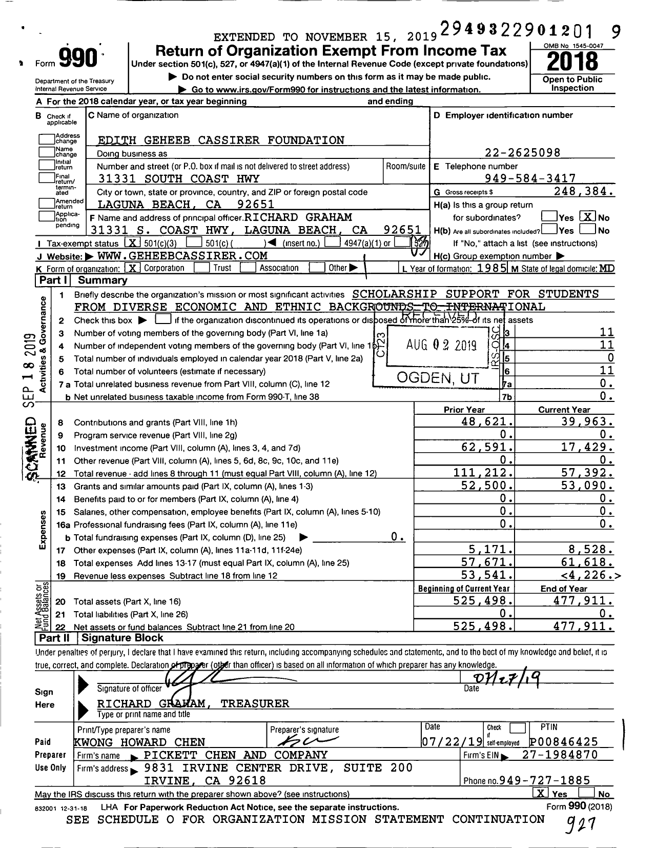 Image of first page of 2018 Form 990 for Edith Geheeb Cassirer Foundation