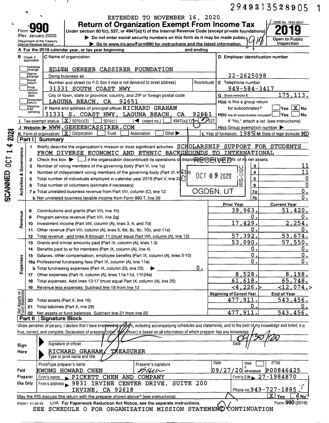 Image of first page of 2019 Form 990 for Edith Geheeb Cassirer Foundation