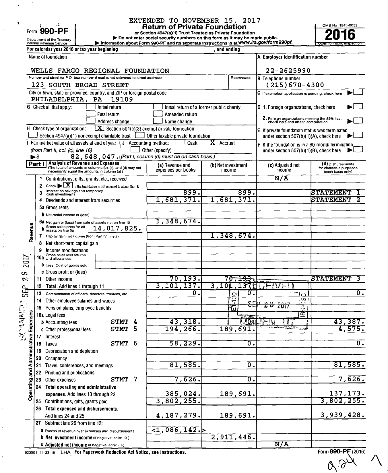 Image of first page of 2016 Form 990PF for Wells Fargo Regional Foundation