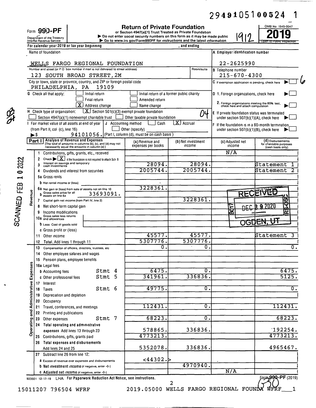 Image of first page of 2019 Form 990PF for Wells Fargo Regional Foundation