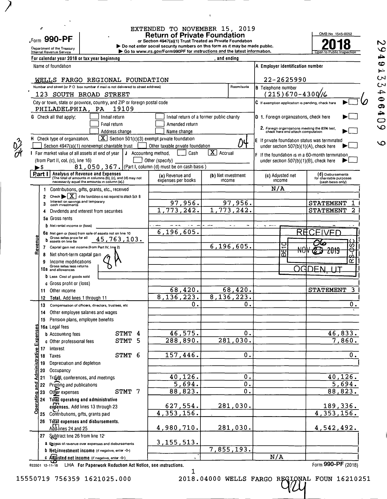 Image of first page of 2018 Form 990PF for Wells Fargo Regional Foundation