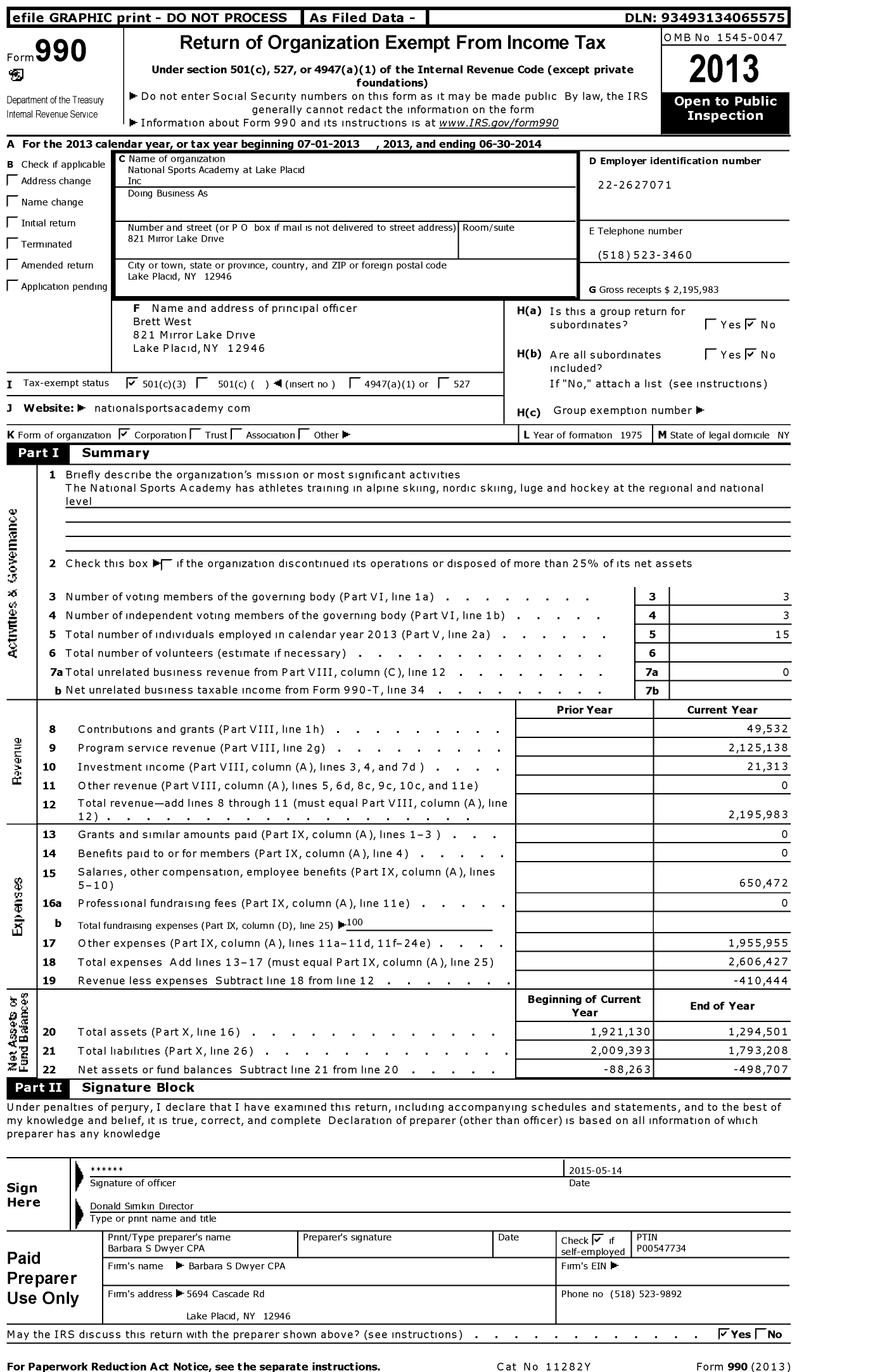 Image of first page of 2013 Form 990 for National Sports Academy at Lake Placid