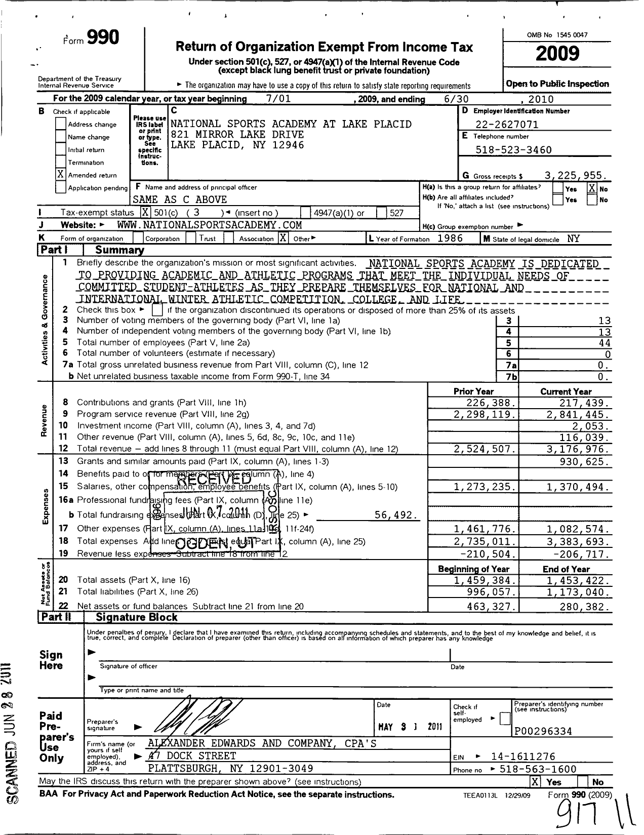 Image of first page of 2009 Form 990 for National Sports Academy at Lake Placid