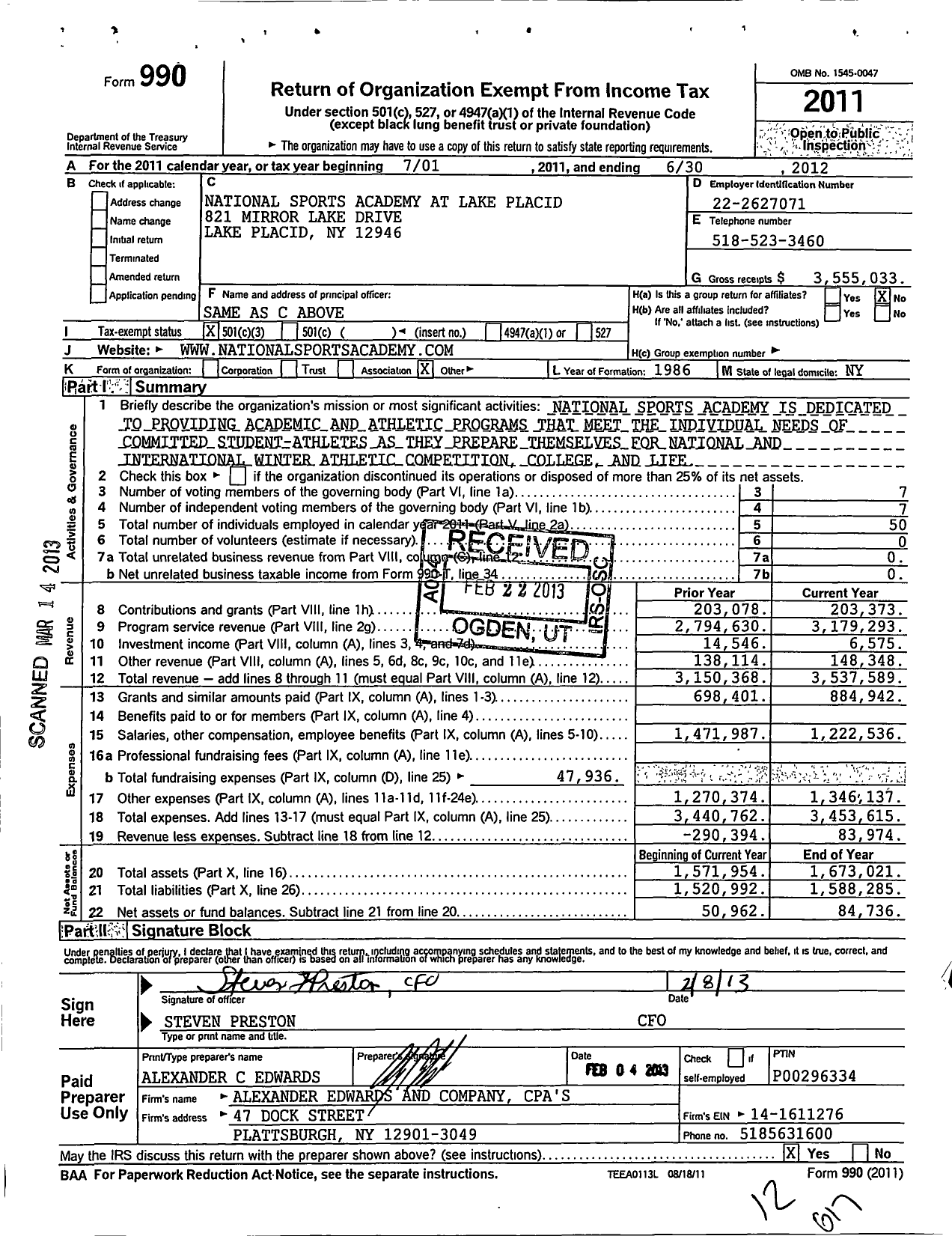 Image of first page of 2011 Form 990 for National Sports Academy at Lake Placid