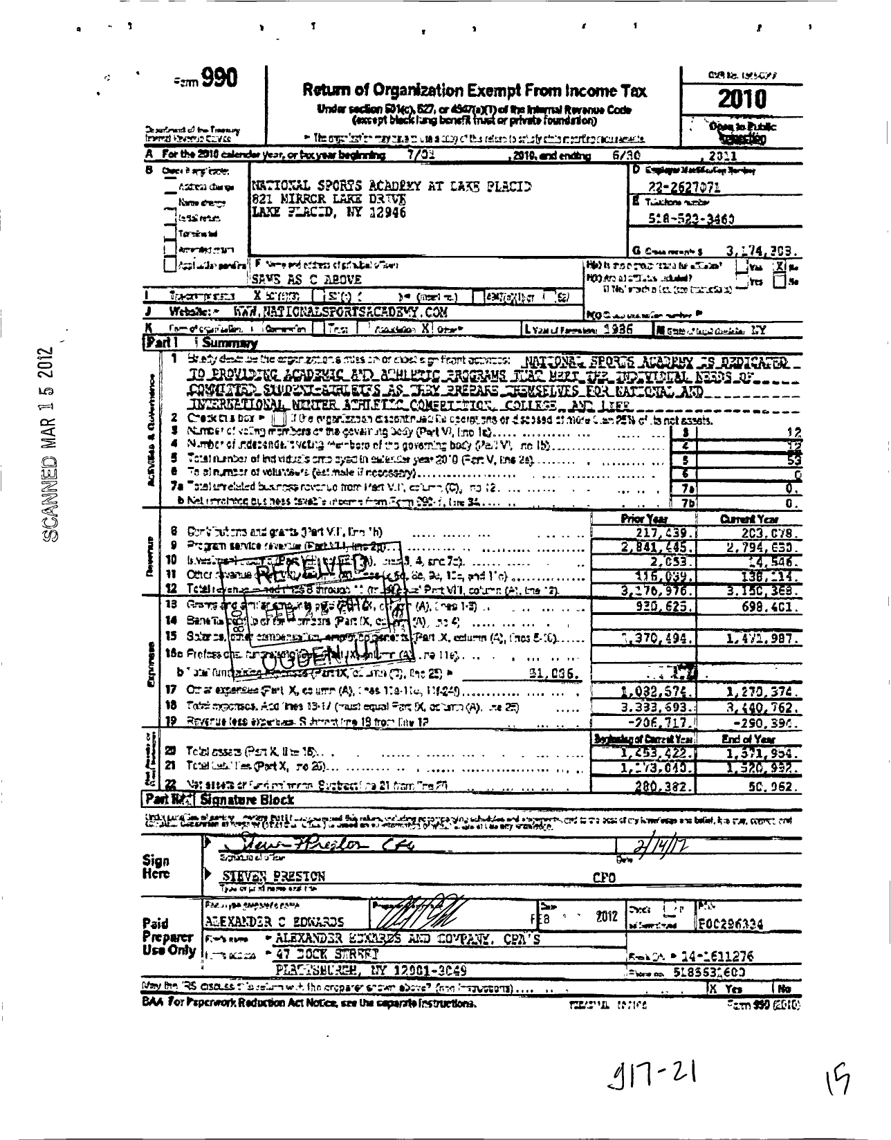 Image of first page of 2010 Form 990 for National Sports Academy at Lake Placid