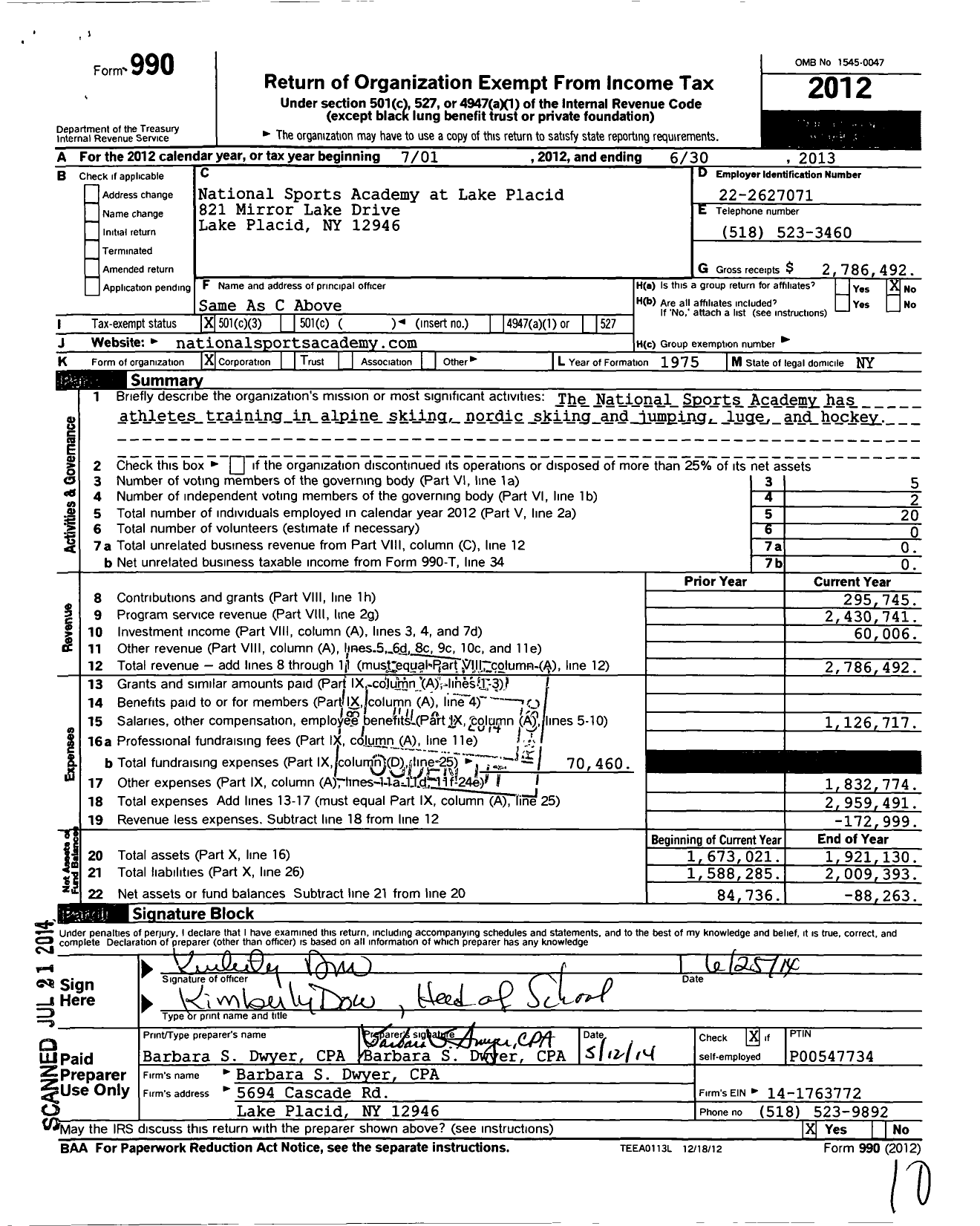 Image of first page of 2012 Form 990 for National Sports Academy at Lake Placid