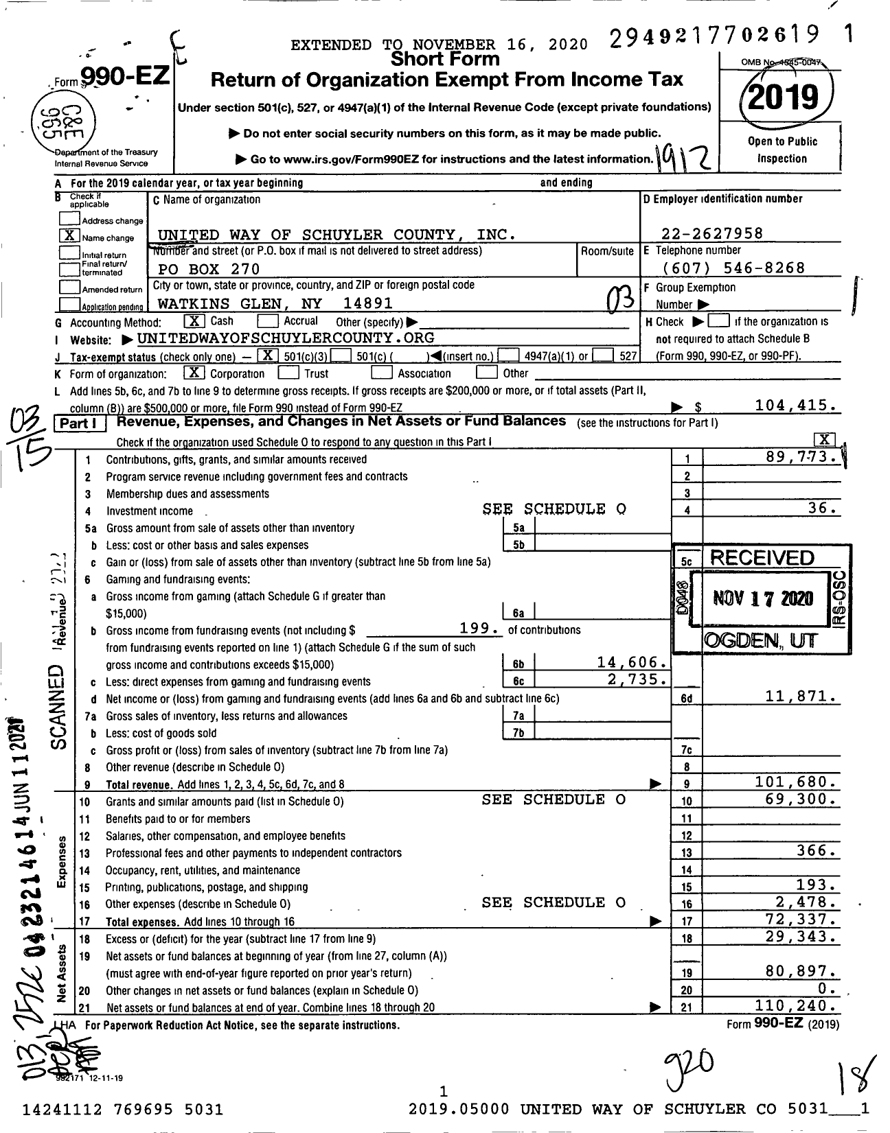 Image of first page of 2019 Form 990EZ for United Way of Schuyler County