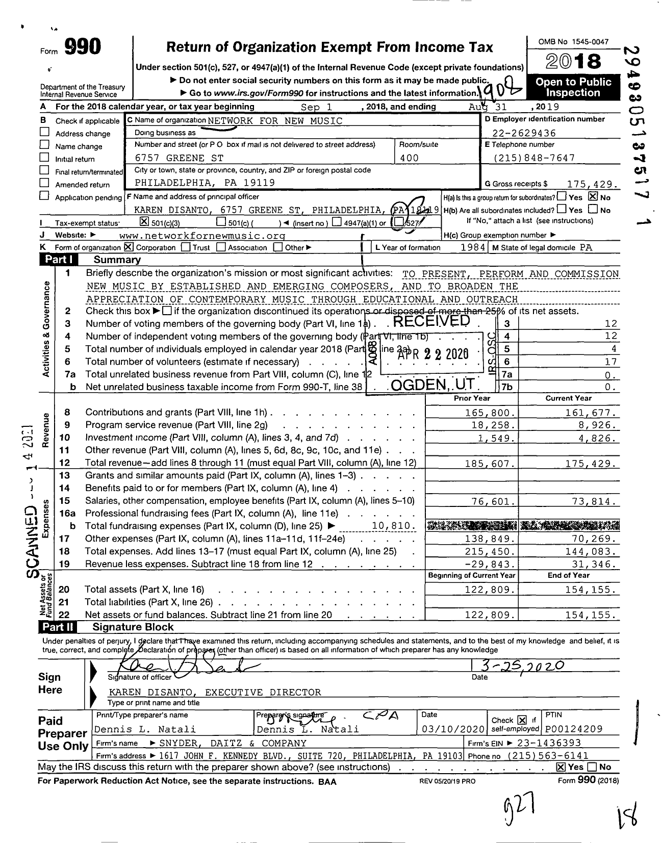 Image of first page of 2018 Form 990 for Network for New Music