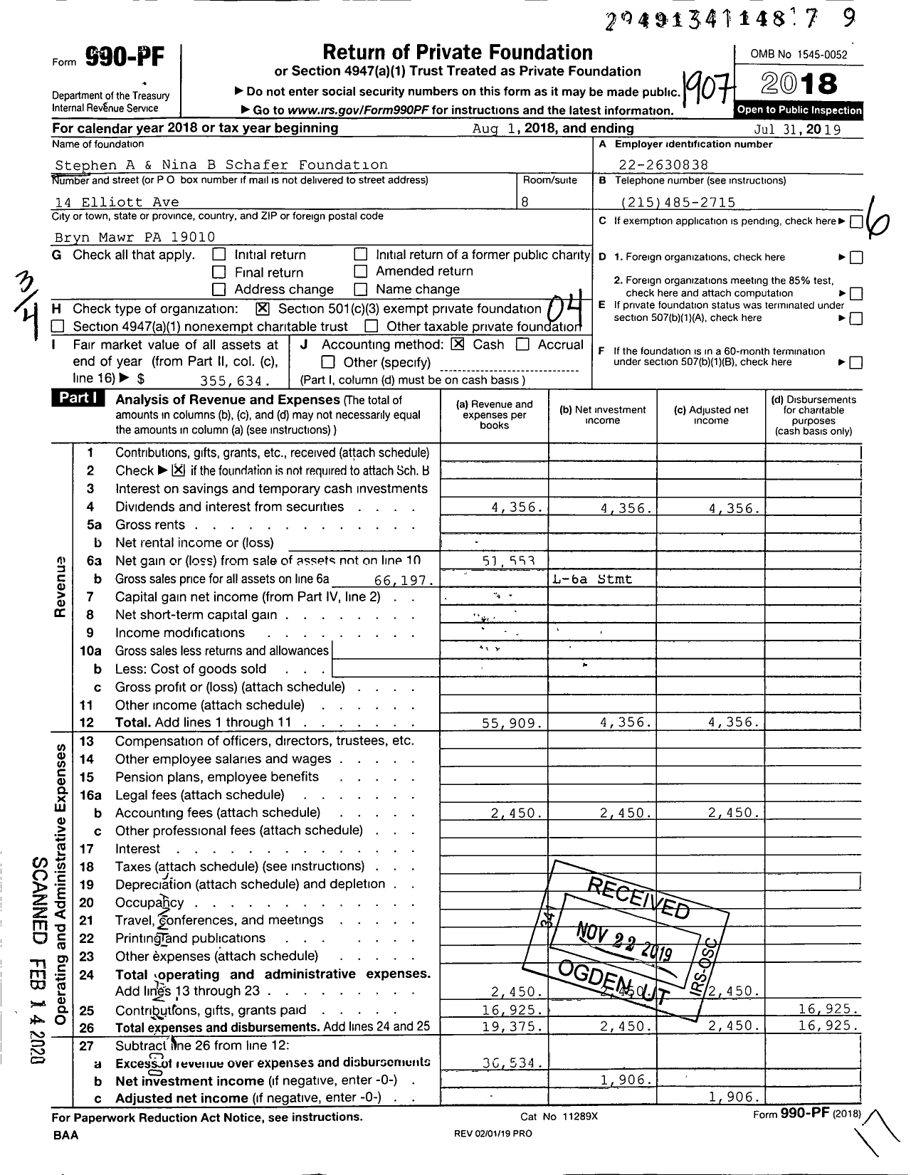 Image of first page of 2018 Form 990PF for Stephen A & Nina B Schafer Foundation