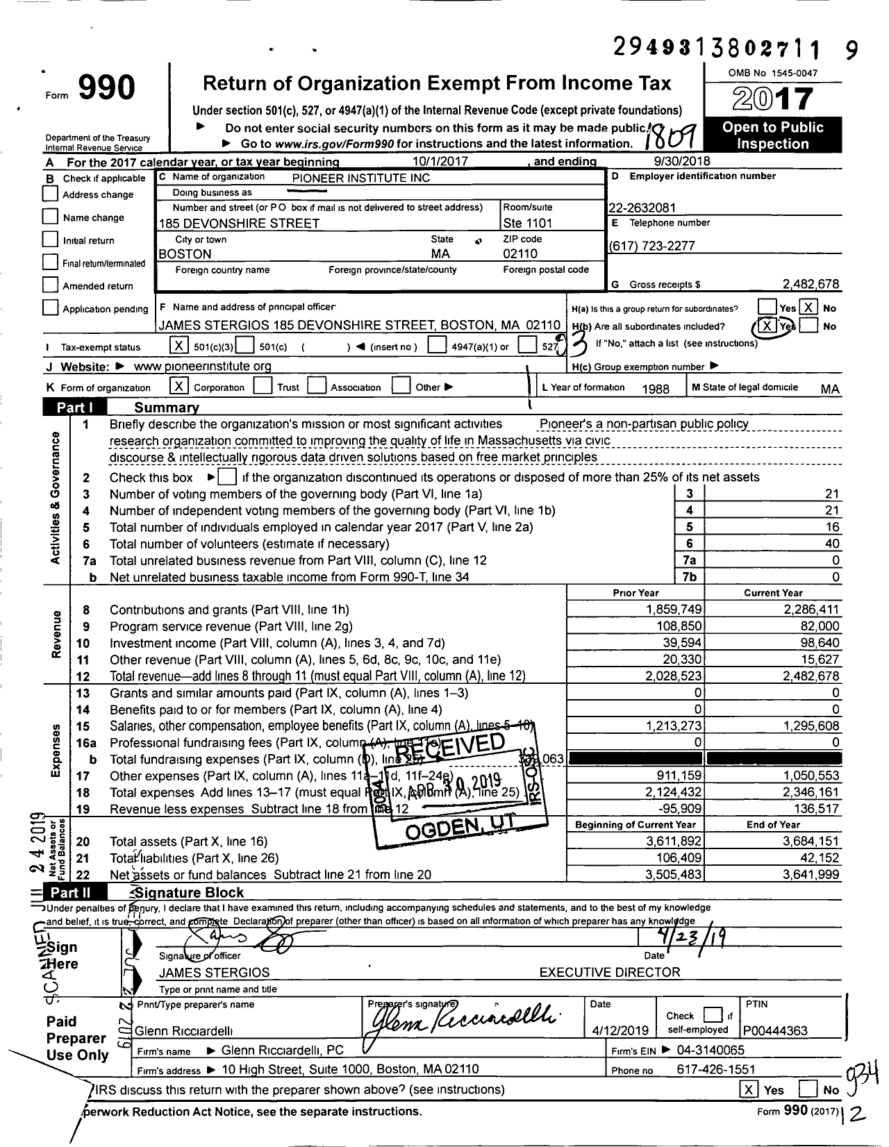 Image of first page of 2017 Form 990 for Pioneer Institute