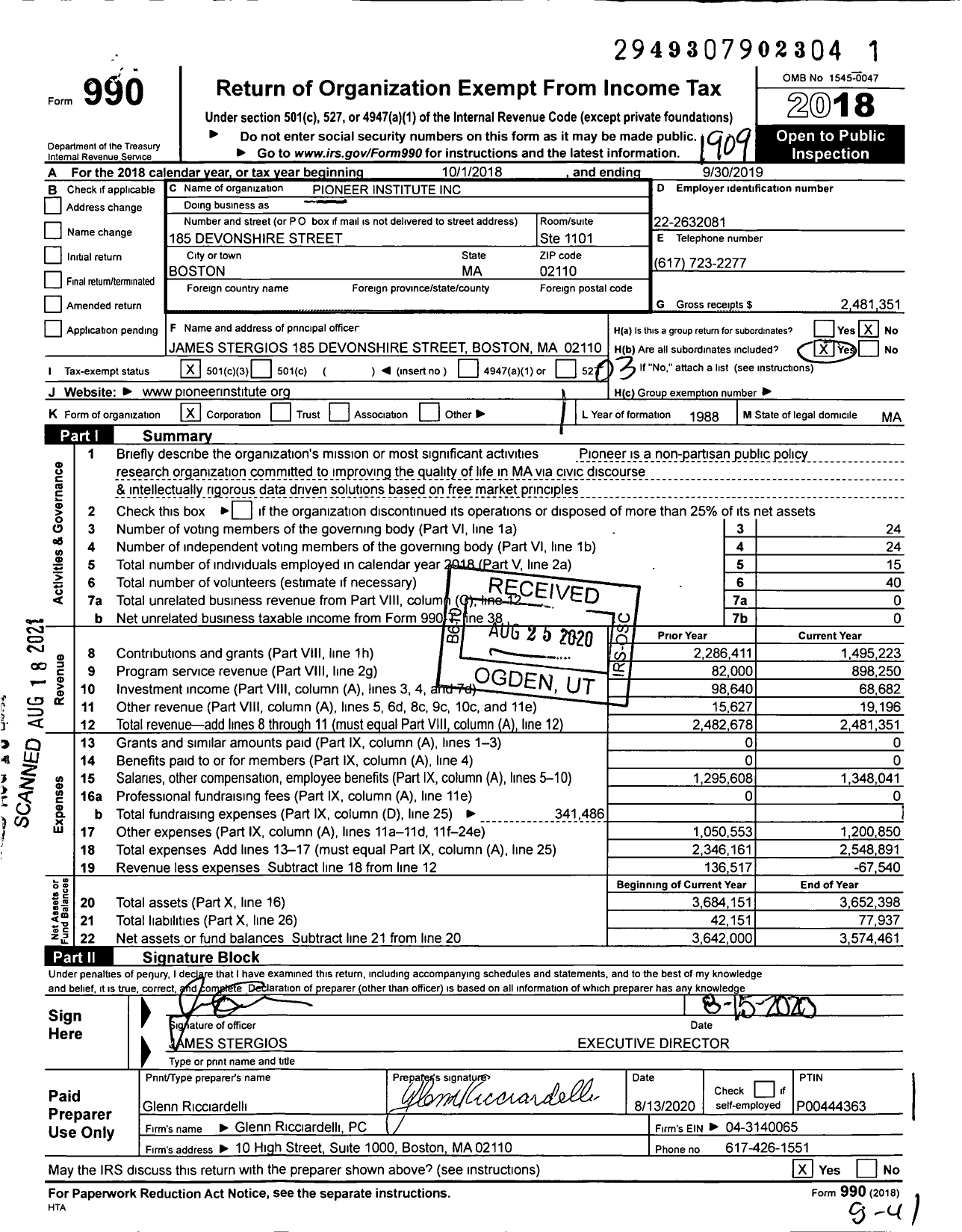 Image of first page of 2018 Form 990 for Pioneer Institute