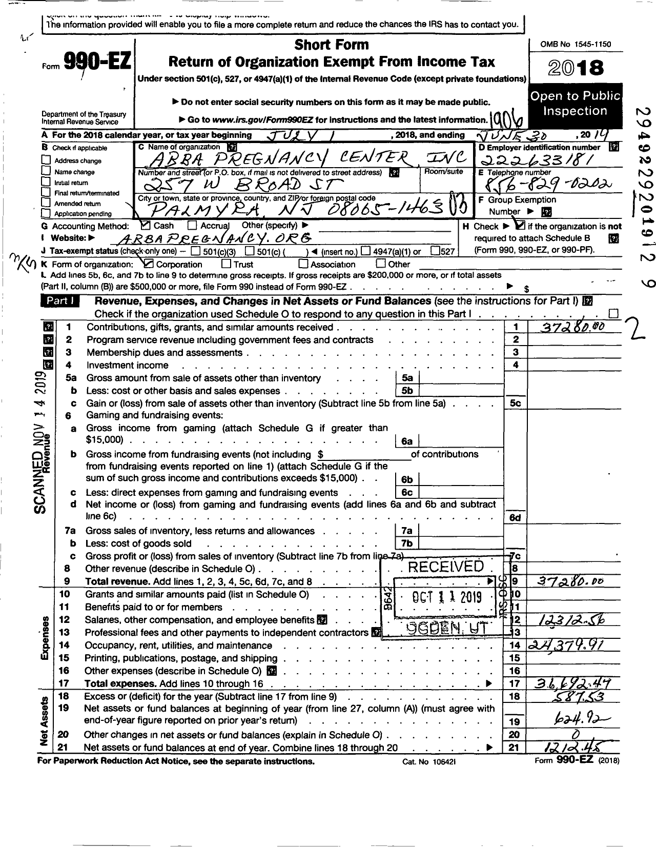 Image of first page of 2018 Form 990EZ for Abba Pregnancy Center