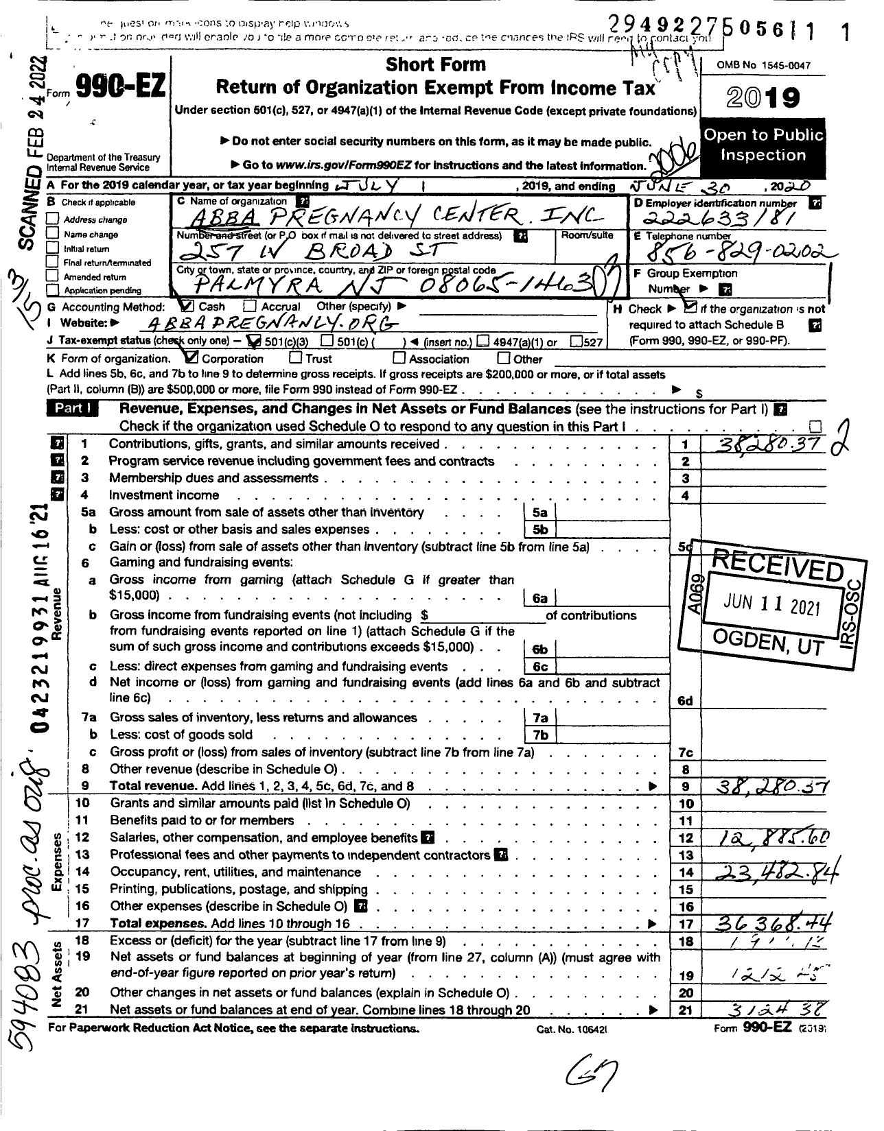 Image of first page of 2019 Form 990EZ for Abba Pregnancy Center