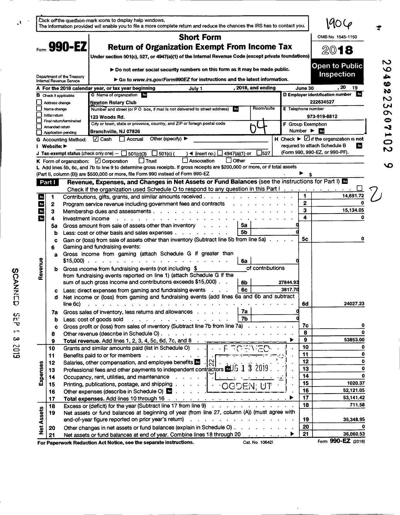 Image of first page of 2018 Form 990EO for Rotary International - Newton Rotary Club