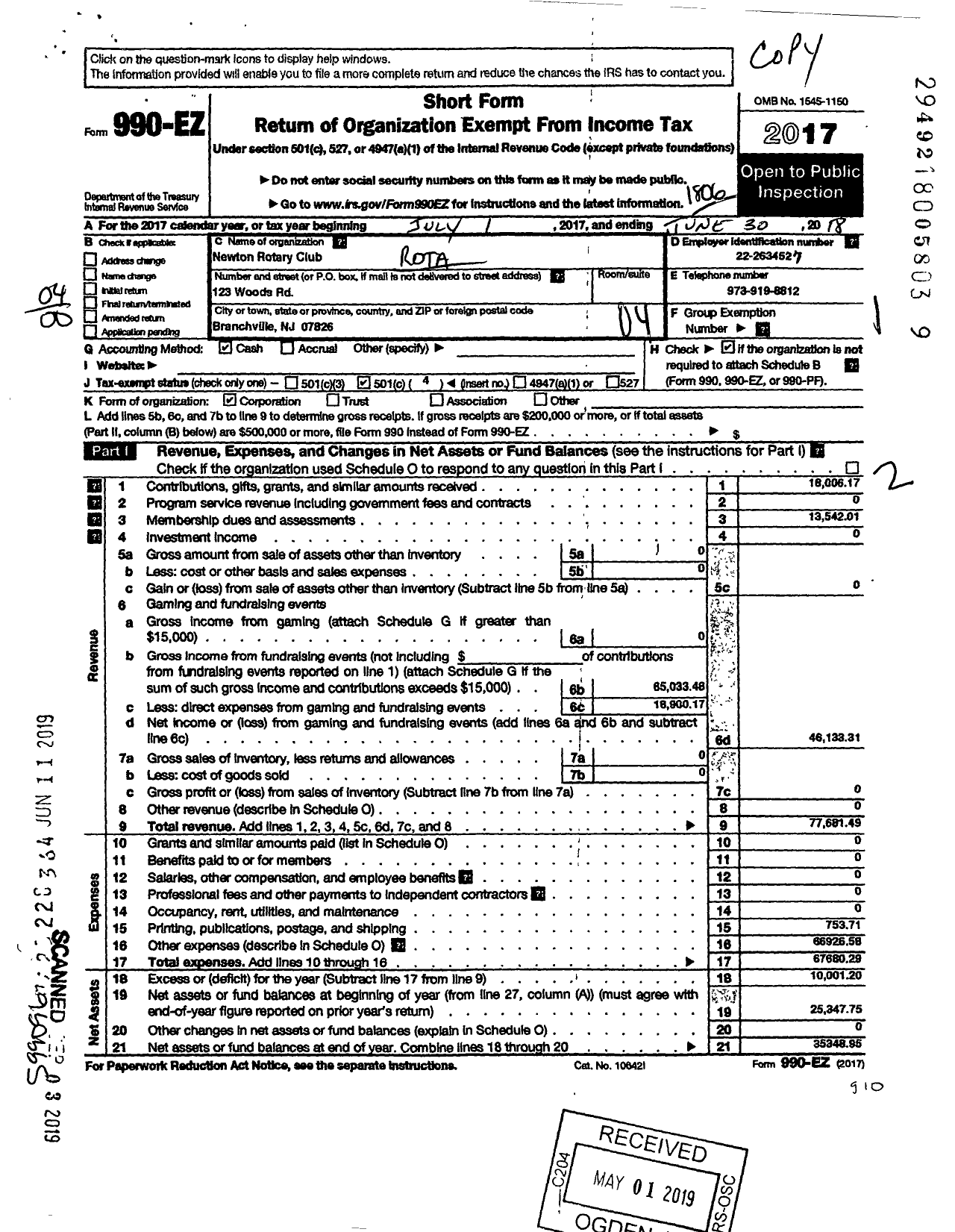 Image of first page of 2017 Form 990EO for Rotary International - Newton Rotary Club