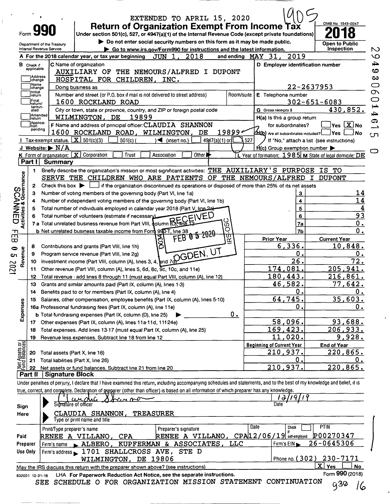 Image of first page of 2018 Form 990 for The Auxiliary of Nemours Children's Hospital Delaware